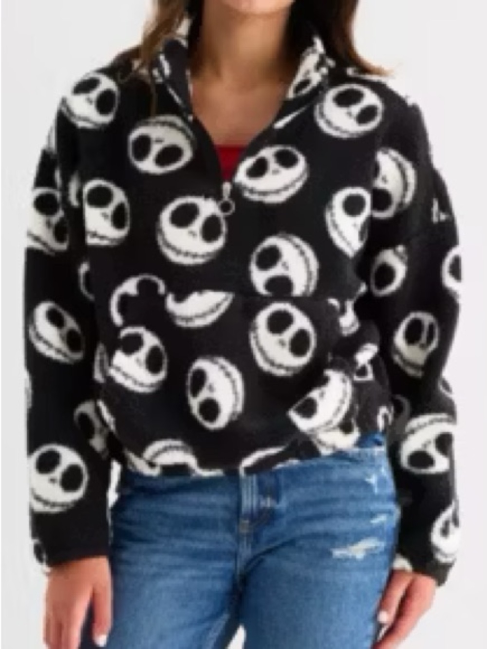 Women's Black & White Jack Skellington Sherpa Print Quarter-Zip Pulloveri